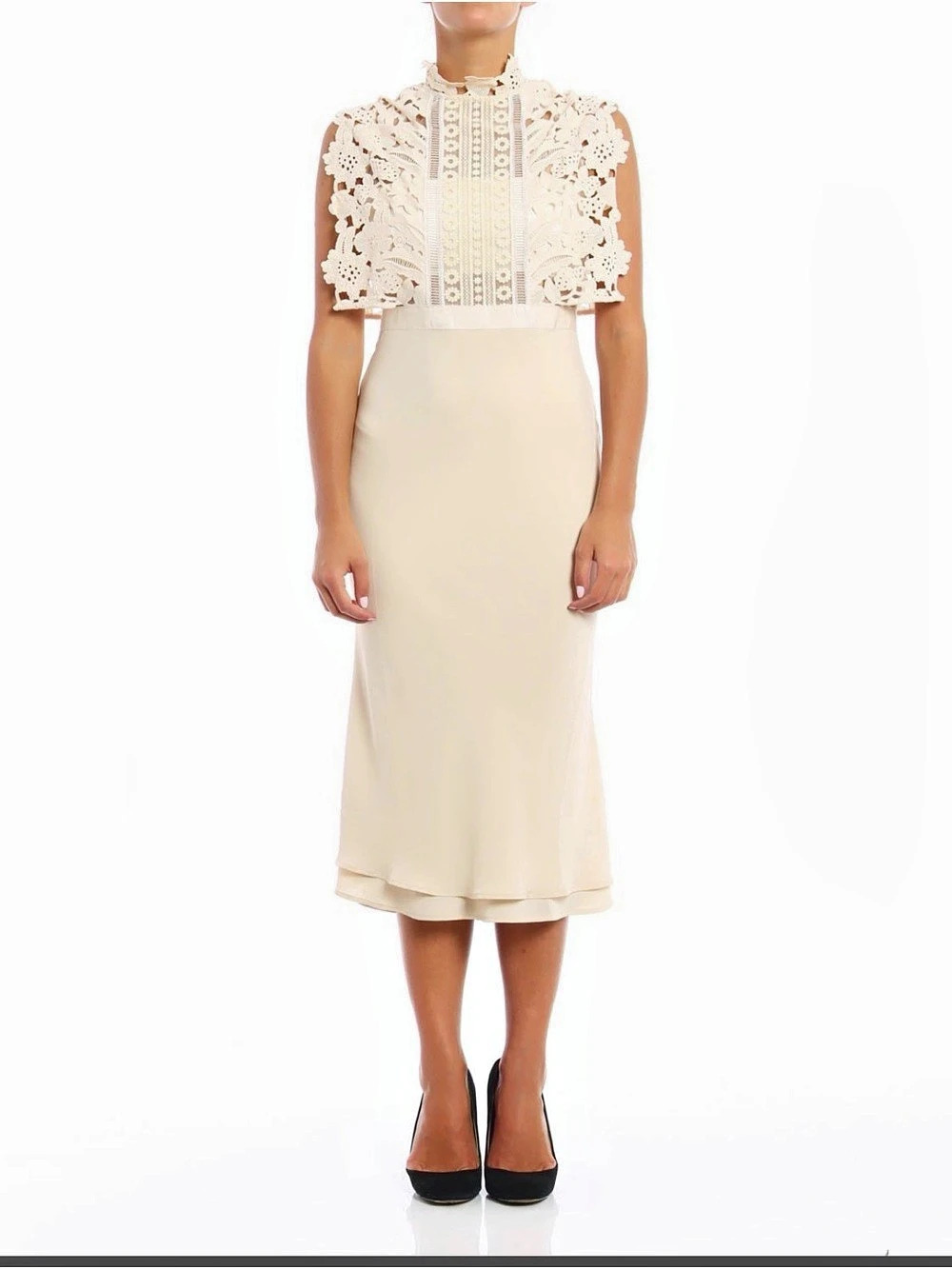 Self-Portrait Cape-Effect Lace and Crepe Midi Dress Cream US 6